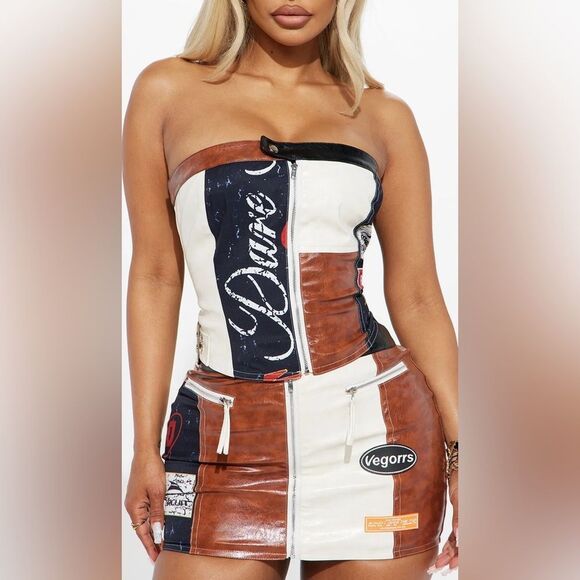 Faux Leather Brown and Black Patchwork Skirt Set - Picture 10 of 12